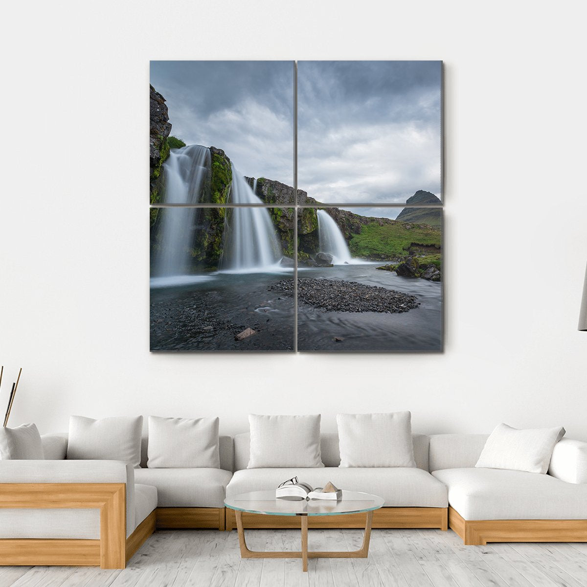 Kirkjufellsfoss On Cloudy Day Canvas Wall Art-4 Square-Gallery Wrap-17" x 17"-Tiaracle