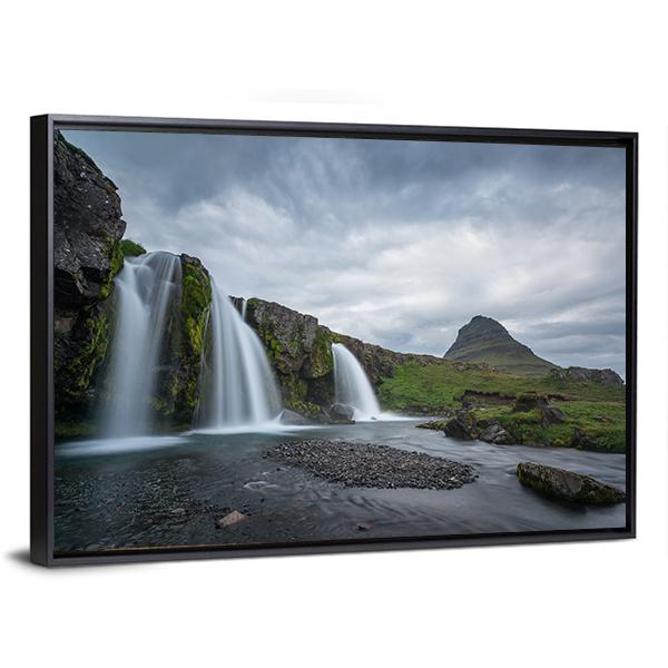 Kirkjufellsfoss On Cloudy Day Canvas Wall Art-3 Horizontal-Gallery Wrap-25" x 16"-Tiaracle