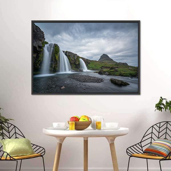 Kirkjufellsfoss On Cloudy Day Canvas Wall Art-3 Horizontal-Gallery Wrap-25" x 16"-Tiaracle