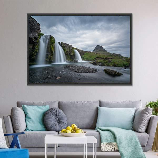 Kirkjufellsfoss On Cloudy Day Canvas Wall Art-3 Horizontal-Gallery Wrap-25" x 16"-Tiaracle