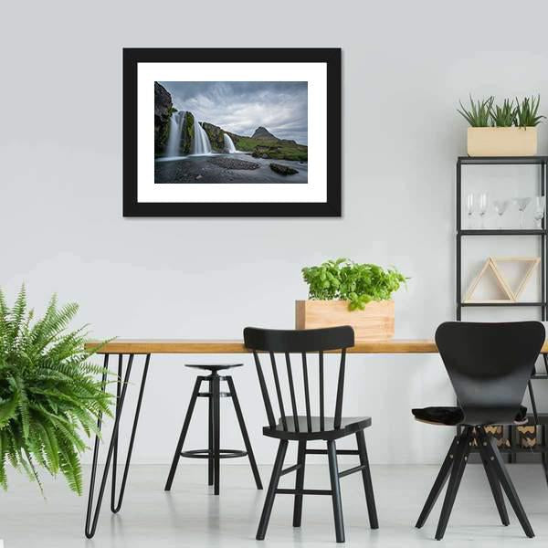 Kirkjufellsfoss On Cloudy Day Canvas Wall Art-3 Horizontal-Gallery Wrap-25" x 16"-Tiaracle