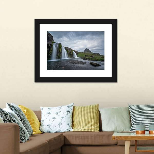 Kirkjufellsfoss On Cloudy Day Canvas Wall Art-3 Horizontal-Gallery Wrap-25" x 16"-Tiaracle