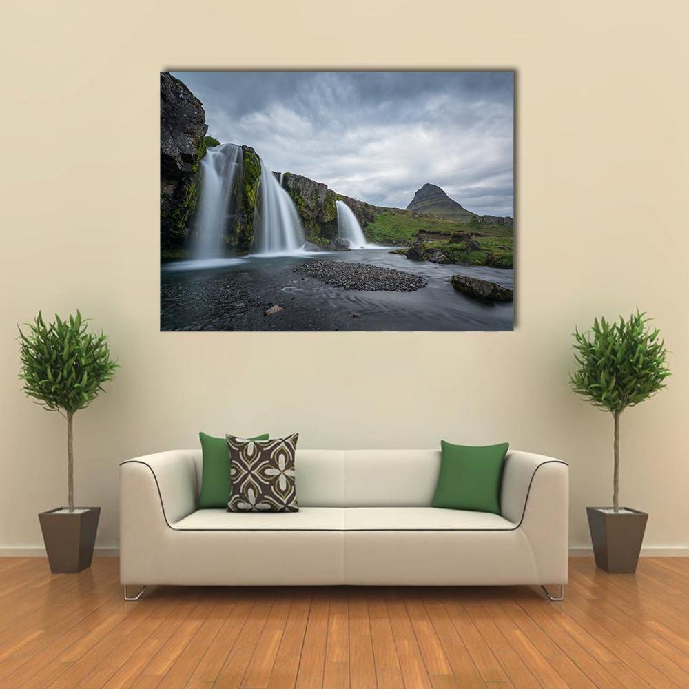 Kirkjufellsfoss On Cloudy Day Canvas Wall Art-1 Piece-Gallery Wrap-48" x 32"-Tiaracle