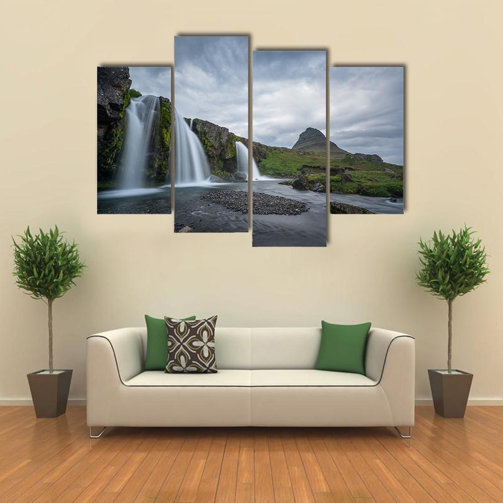 Kirkjufellsfoss On Cloudy Day Canvas Wall Art-4 Pop-Gallery Wrap-50" x 32"-Tiaracle