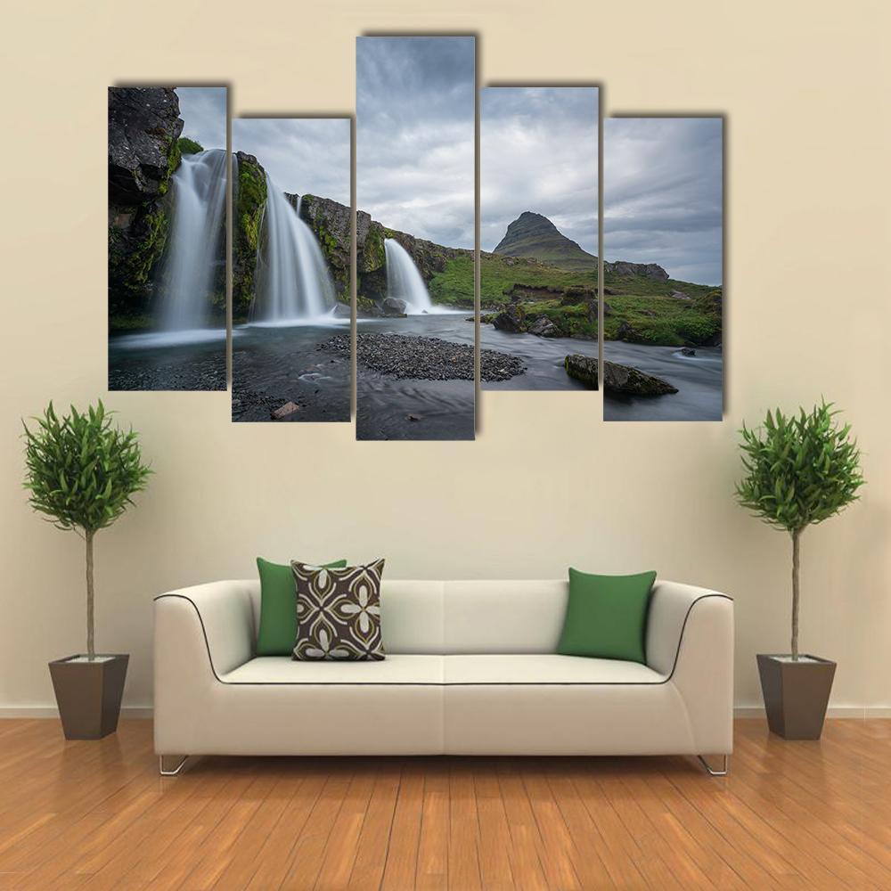 Kirkjufellsfoss On Cloudy Day Canvas Wall Art-5 Pop-Gallery Wrap-47" x 32"-Tiaracle