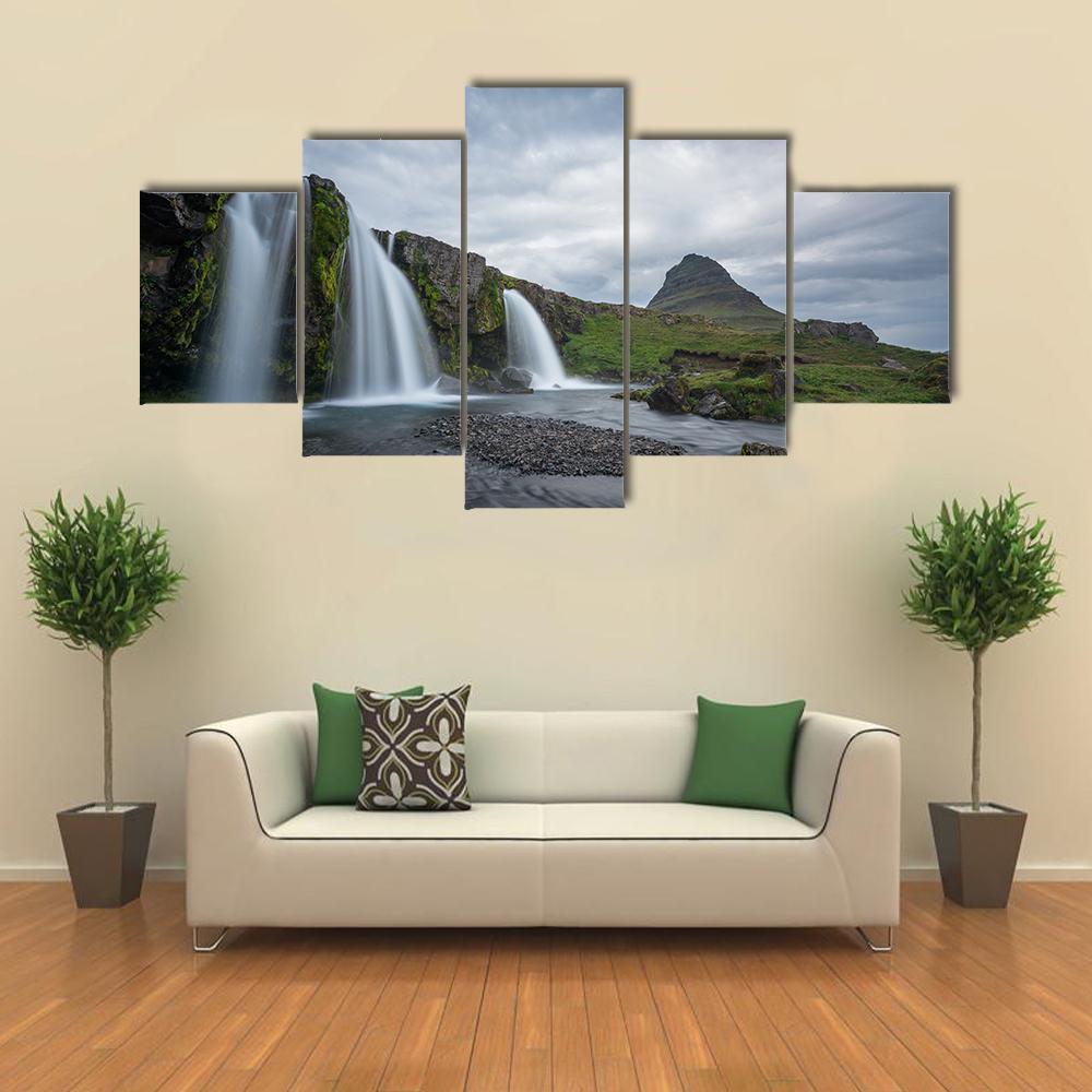 Kirkjufellsfoss On Cloudy Day Canvas Wall Art-5 Star-Gallery Wrap-62" x 32"-Tiaracle