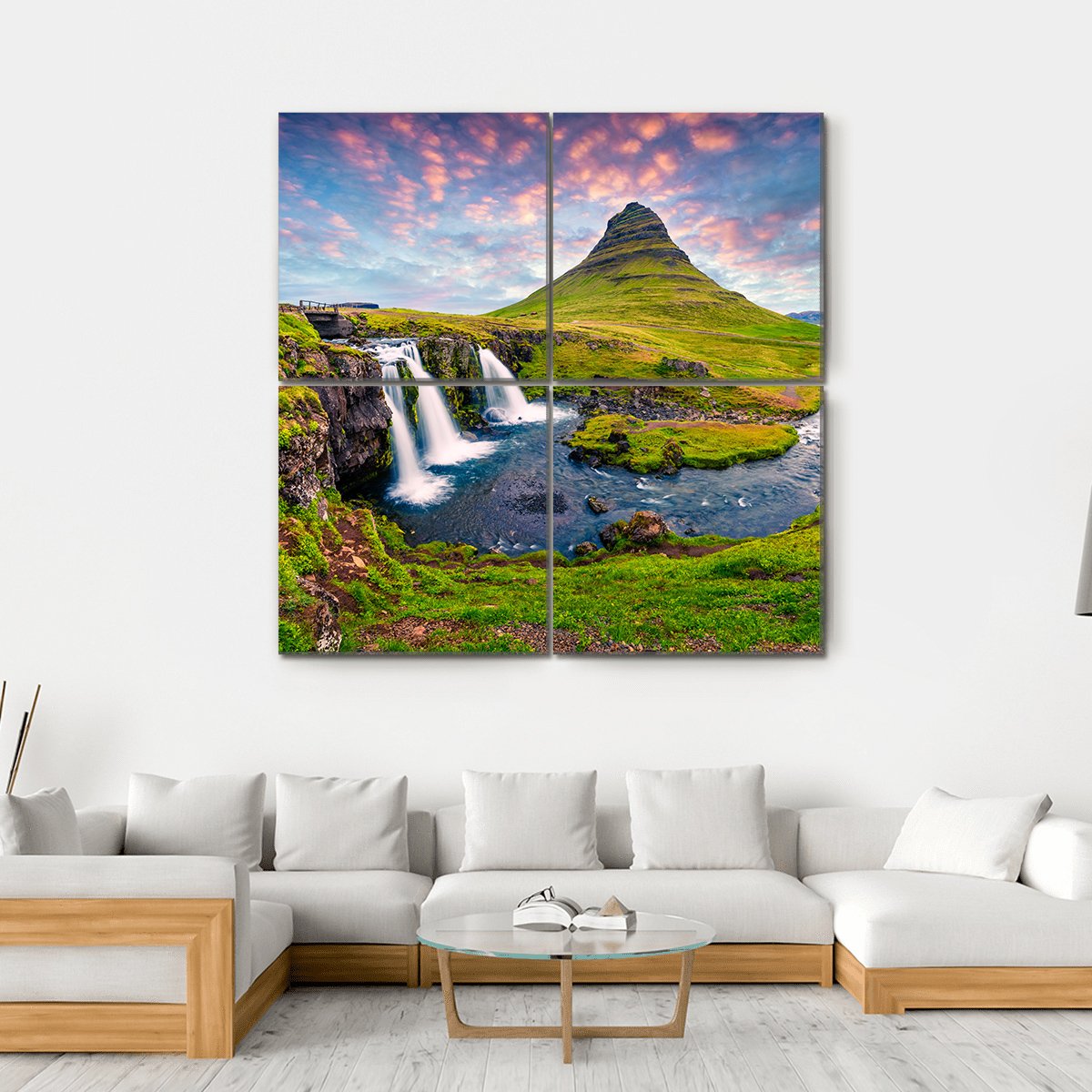 Kirkjufellsfoss Waterfall Canvas Wall Art-4 Square-Gallery Wrap-17" x 17"-Tiaracle