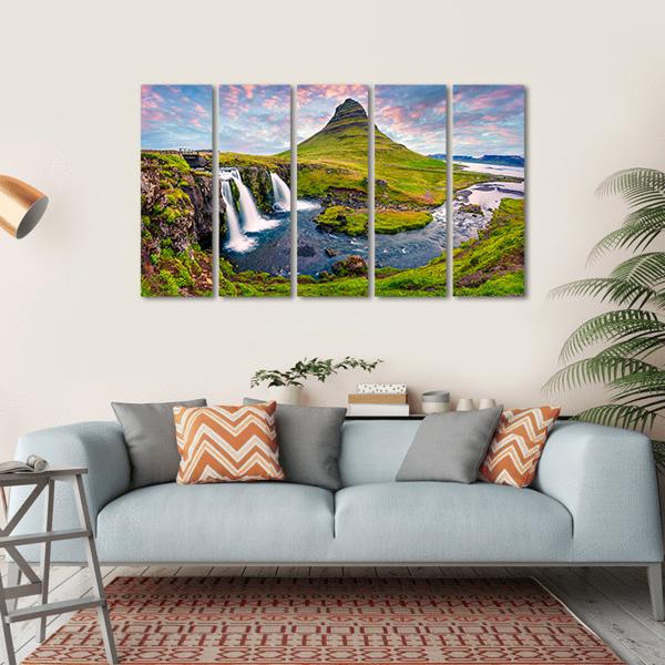 Kirkjufellsfoss Waterfall Canvas Wall Art-5 Horizontal-Gallery Wrap-22" x 12"-Tiaracle