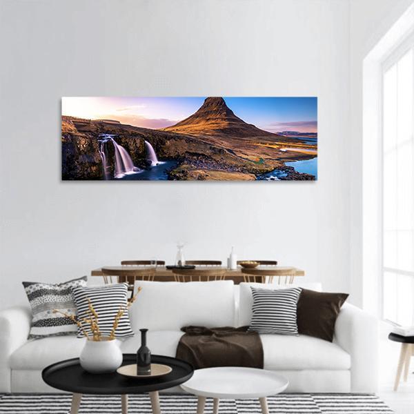 Kirkjufell Waterfall &amp; Mountain Panoramic Canvas Wall Art-1 Piece-36" x 12"-Tiaracle