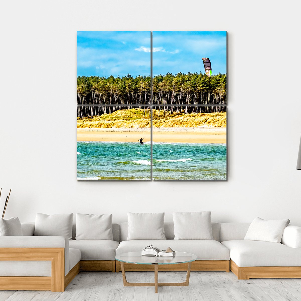 Solo Kiteboarder Over Summer Waves Canvas Wall Art in yellow, green and blue, hung on a wall