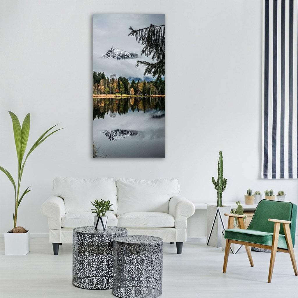 Kitzbuhler Horn Mountain Lake Vertical Canvas Wall Art in white, gray and green, single vertical panel hung on a wall