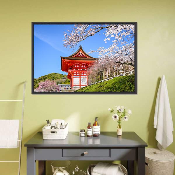Kiyomizu Dera Temple In Spring Canvas Wall Art-1 Piece-Floating Frame-24" x 16"-Tiaracle
