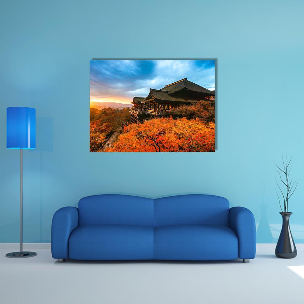 Kiyomizu Dera Temple at Autumn Sunset Canvas Wall Art in brown, orange and blue, single panel hung on a wall