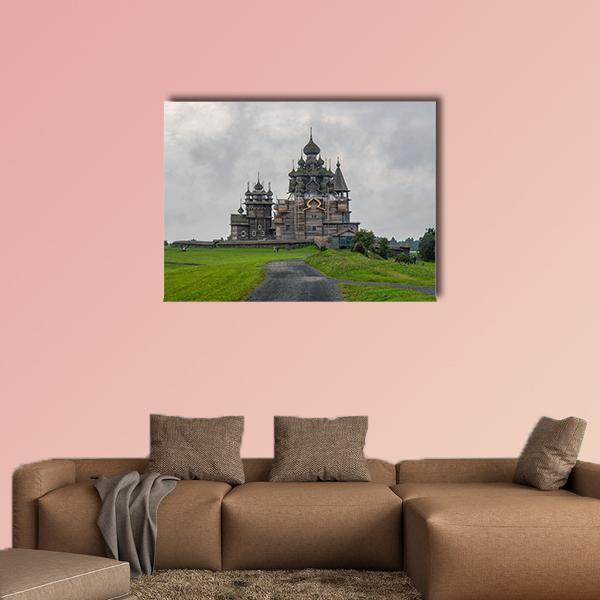 Kizhi Pogost Wooden Church Canvas Wall Art in gray, brown and green, single panel hung on a wall
