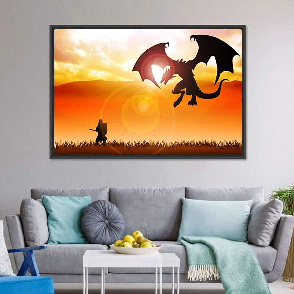 Knight Fighting A Dragon Canvas Wall Art-5 Horizontal-Gallery Wrap-22" x 12"-Tiaracle