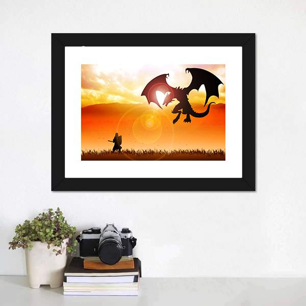 Knight Fighting A Dragon Canvas Wall Art-1 Piece-Framed Print-20" x 16"-Tiaracle