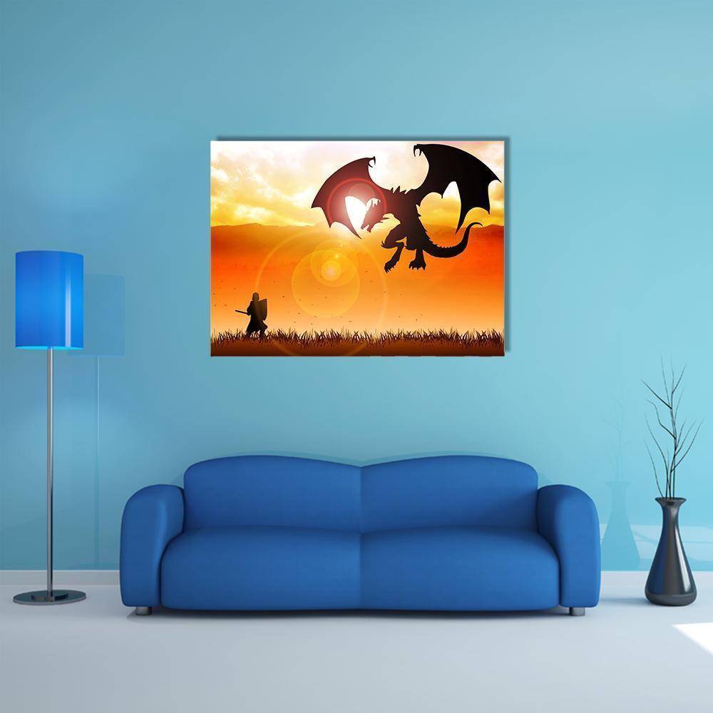 Knight Fighting a Dragon Canvas Wall Art in black, orange and yellow, single panel hung on a wall