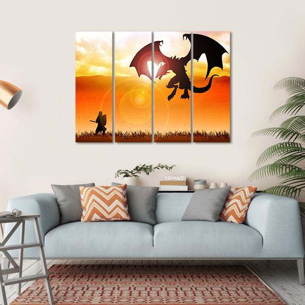 Knight Fighting A Dragon Canvas Wall Art-4 Horizontal-Gallery Wrap-34" x 24"-Tiaracle