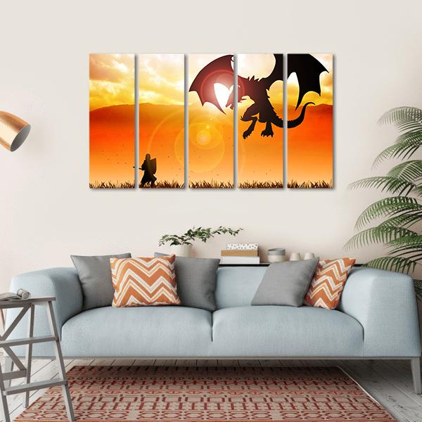 Knight Fighting A Dragon Canvas Wall Art-5 Horizontal-Gallery Wrap-22" x 12"-Tiaracle