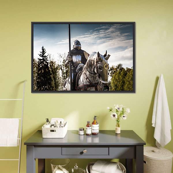 Armored Knight on Horse with Lance Canvas Wall Art in gray, silver and blue, framed canvas, product view on a white background