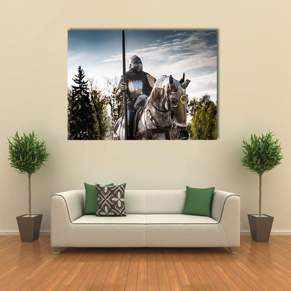 Armored Knight on Horse with Lance Canvas Wall Art in gray, silver and blue, single panel hung on a wall