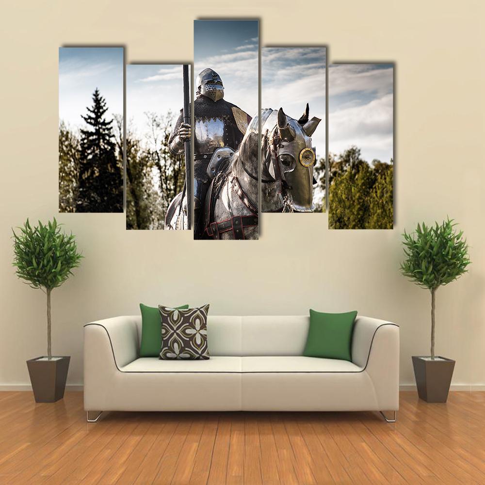 Knight On Horse In Armor Canvas Wall Art-5 Pop-Gallery Wrap-47" x 32"-Tiaracle