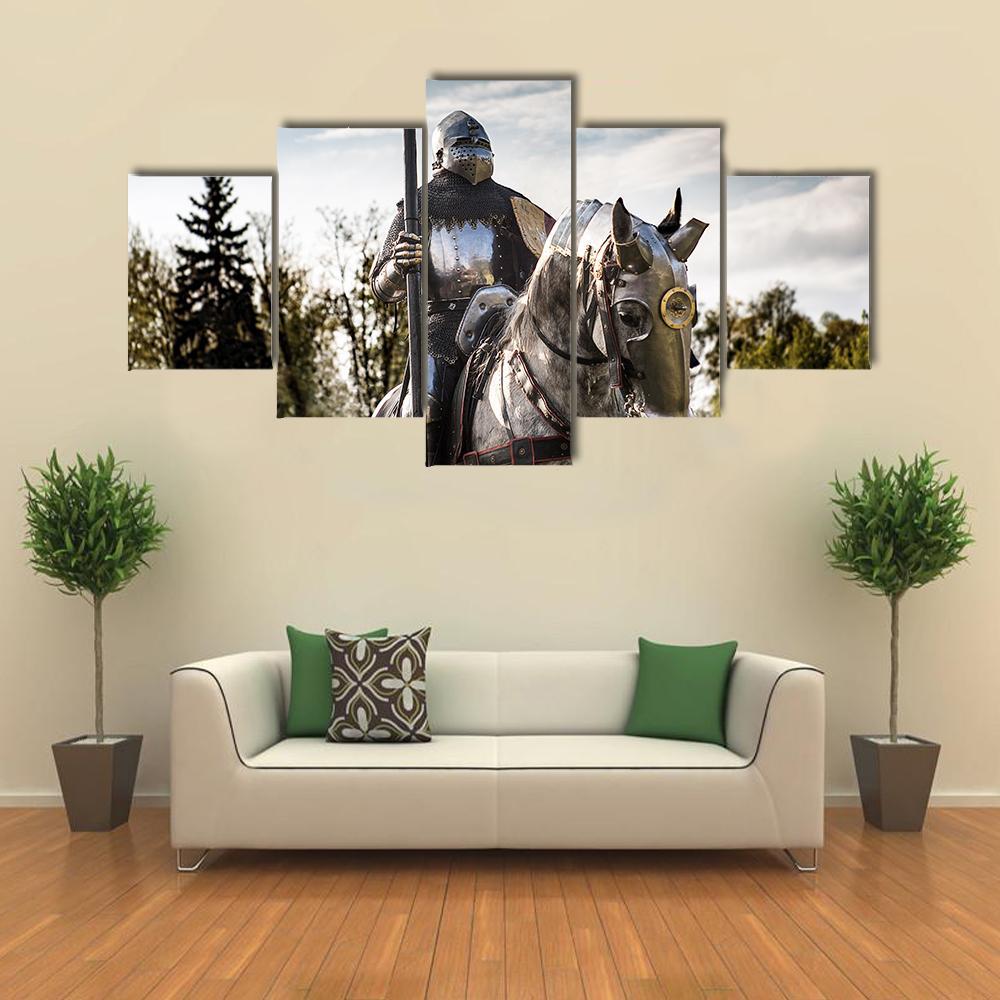 Knight On Horse In Armor Canvas Wall Art-5 Star-Gallery Wrap-62" x 32"-Tiaracle