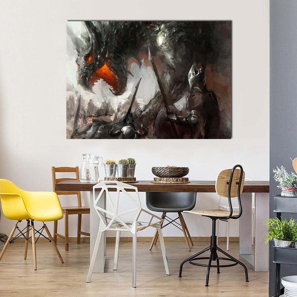 Knights Hunting Dragon Canvas Wall Art in black, gray and brown, single panel hung on a wall