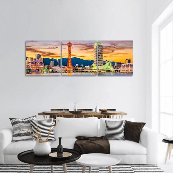 Kobe Port Skyline Panoramic Canvas Wall Art in orange, yellow and blue, hung on a wall