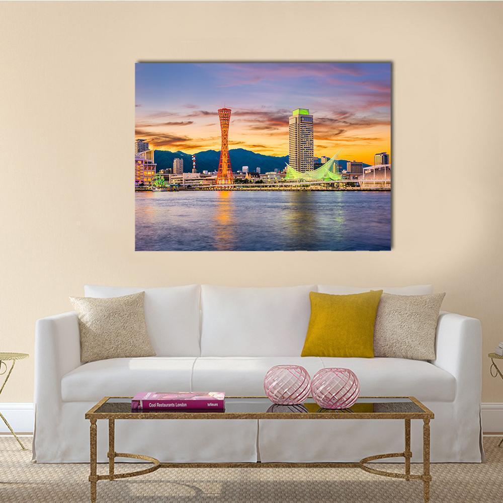 Kobe Port Skyline Canvas Wall Art in orange, blue and purple, single panel hung on a wall