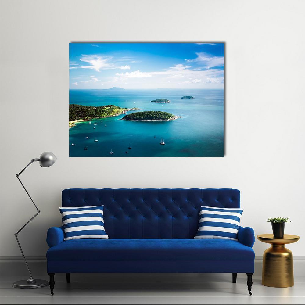 Koh Kaeo Island Aerial Seascape Canvas Wall Art in white, green and blue, single panel hung on a wall