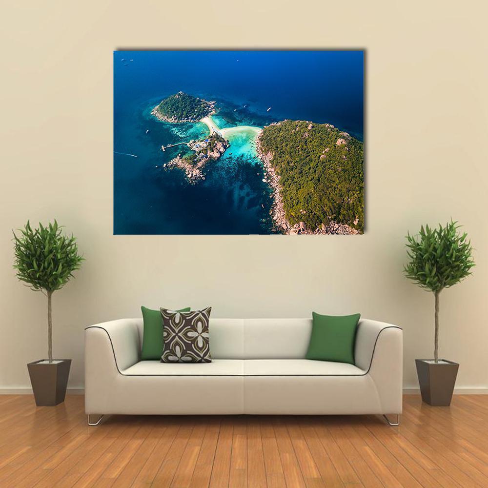 Koh Tao Island Aerial View Canvas Wall Art in green and blue, single panel hung on a wall