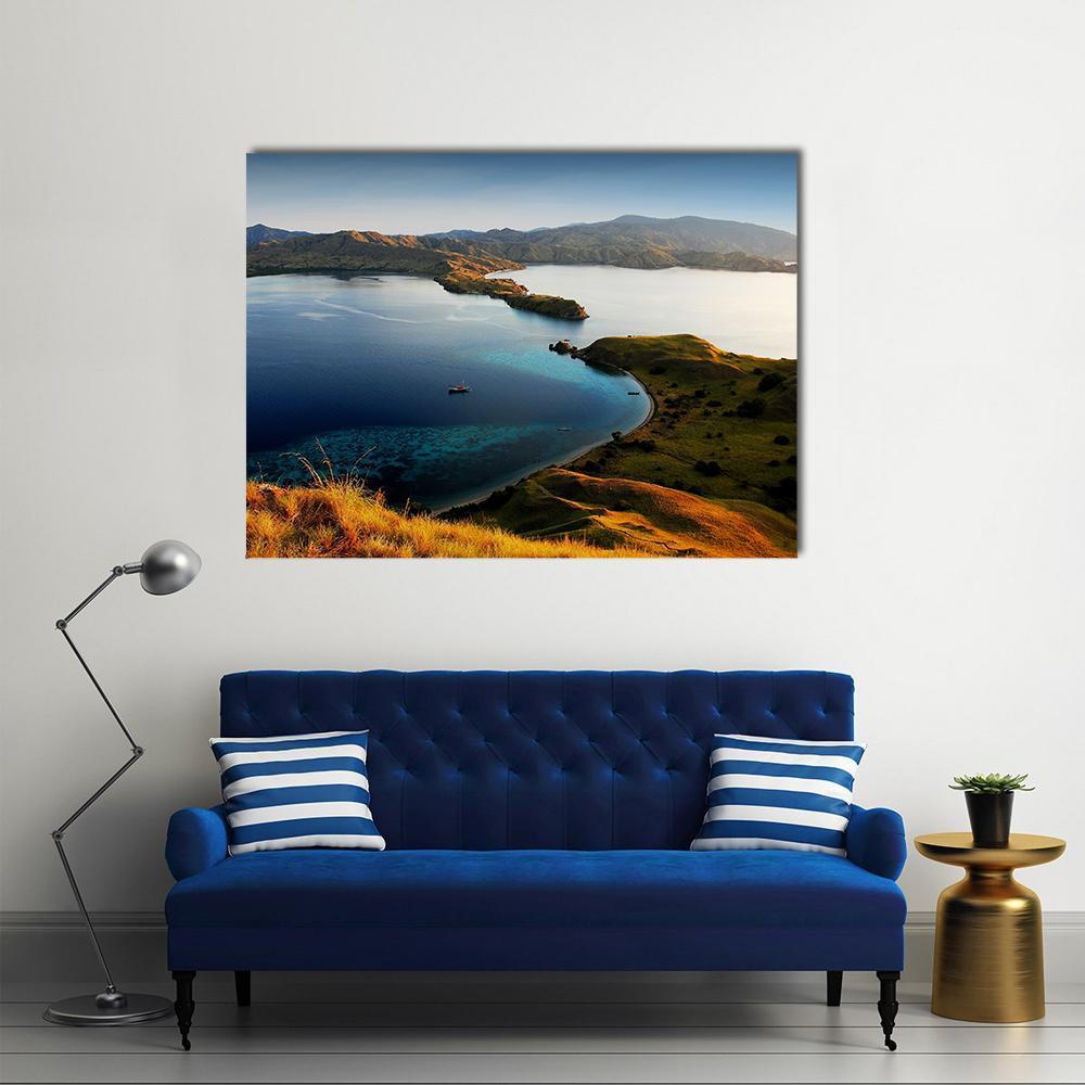 Komodo Island Aerial Bay at Golden Hour Canvas Wall Art in gold, green and blue, single panel hung on a wall