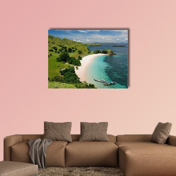 Komodo National Park Pink Sand Beach Canvas Wall Art in green, blue and pink, single panel hung on a wall