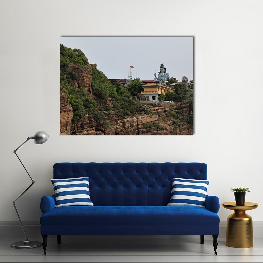 Majestic Shiva Statue at Koneswaram Temple Canvas Wall Art in gray, brown and green, single panel hung on a wall