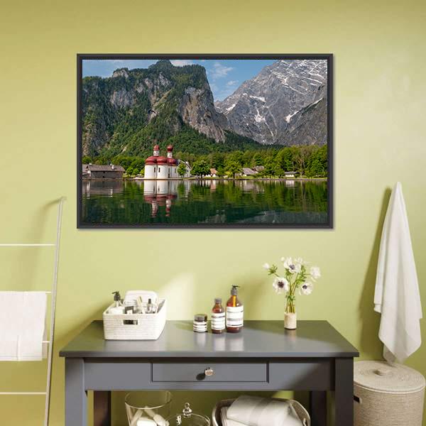 Konigssee Lake with Twin Red-domed Church Canvas Wall Art in gray, green and blue, framed canvas, product view on a white background
