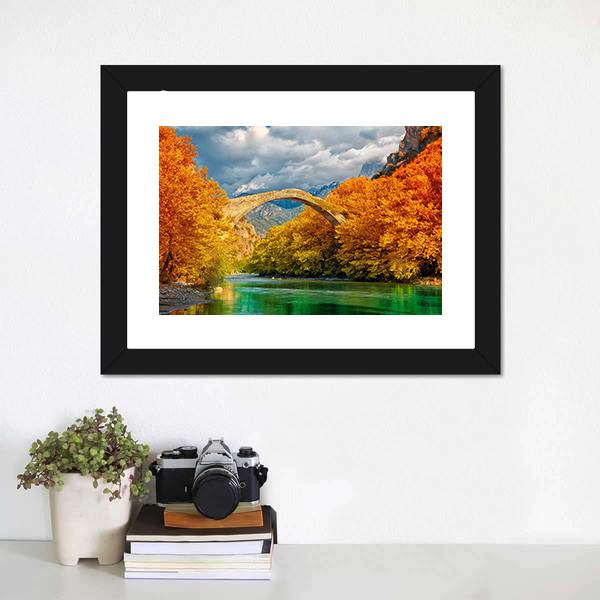 Konitsa Bridge In Autumn Canvas Wall Art-1 Piece-Framed Print-20" x 16"-Tiaracle