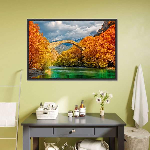 Konitsa Bridge In Autumn Canvas Wall Art-1 Piece-Floating Frame-24" x 16"-Tiaracle