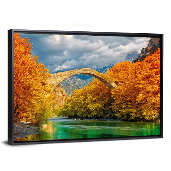 Konitsa Bridge In Autumn Canvas Wall Art-3 Horizontal-Gallery Wrap-25" x 16"-Tiaracle