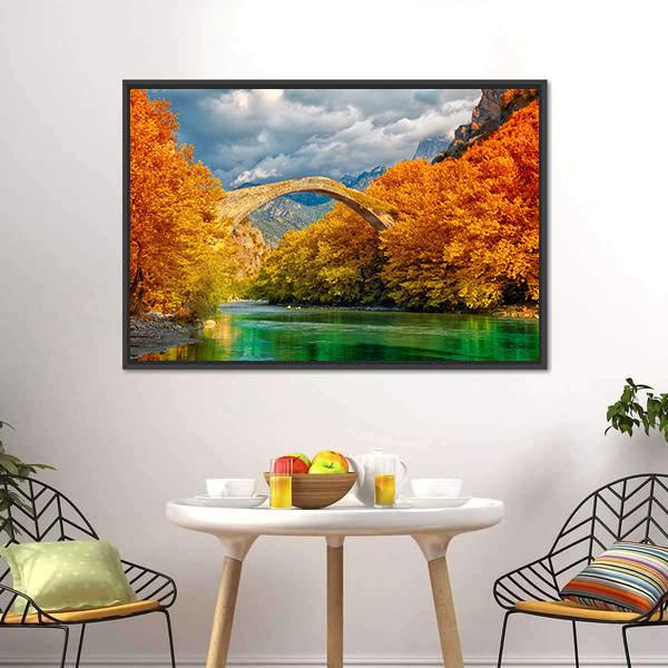 Konitsa Bridge In Autumn Canvas Wall Art-3 Horizontal-Gallery Wrap-25" x 16"-Tiaracle