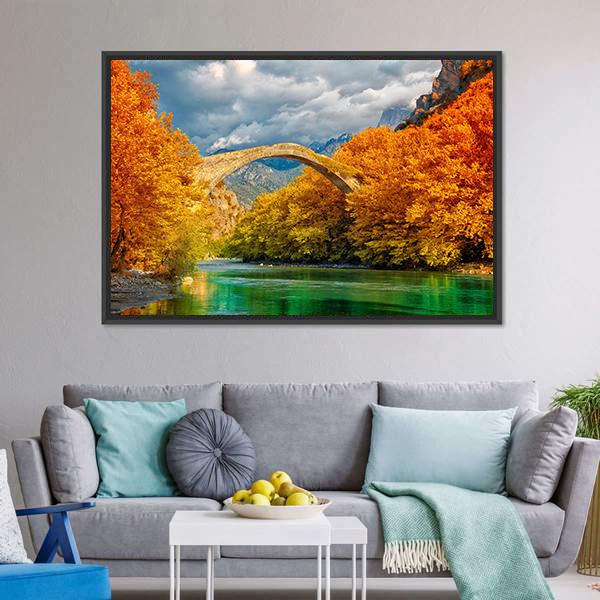 Konitsa Bridge In Autumn Canvas Wall Art-3 Horizontal-Gallery Wrap-25" x 16"-Tiaracle