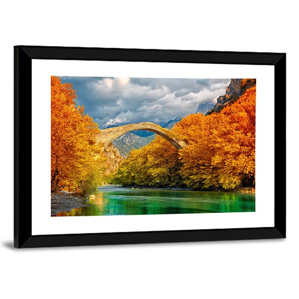 Konitsa Bridge In Autumn Canvas Wall Art-3 Horizontal-Gallery Wrap-25" x 16"-Tiaracle