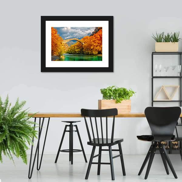 Konitsa Bridge In Autumn Canvas Wall Art-3 Horizontal-Gallery Wrap-25" x 16"-Tiaracle