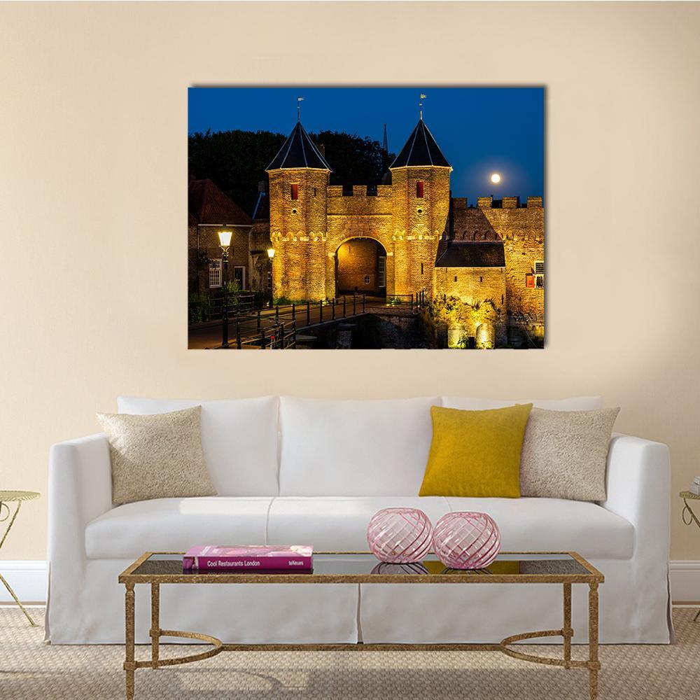 Koppelpoort Gate in Moonlight Canvas Wall Art in brown, yellow and blue, single panel hung on a wall