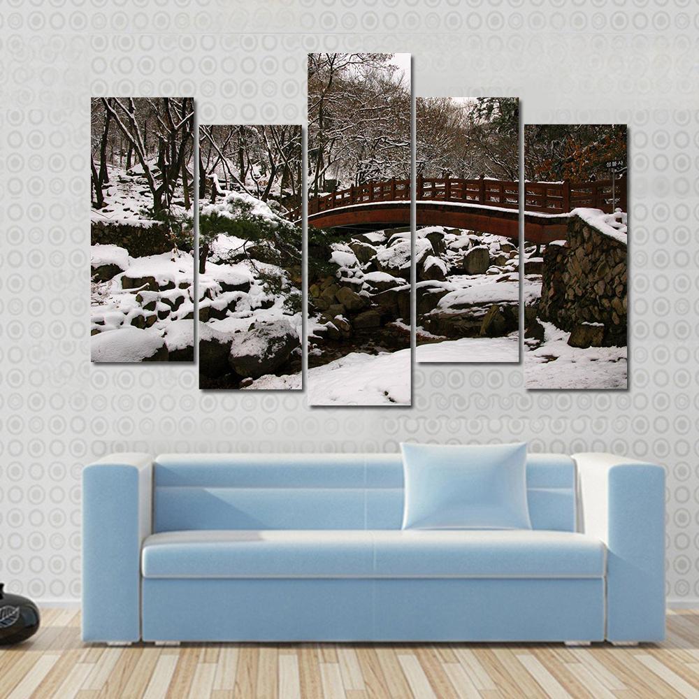 Korean Bridge In Winter Canvas Wall Art-5 Pop-Gallery Wrap-47" x 32"-Tiaracle