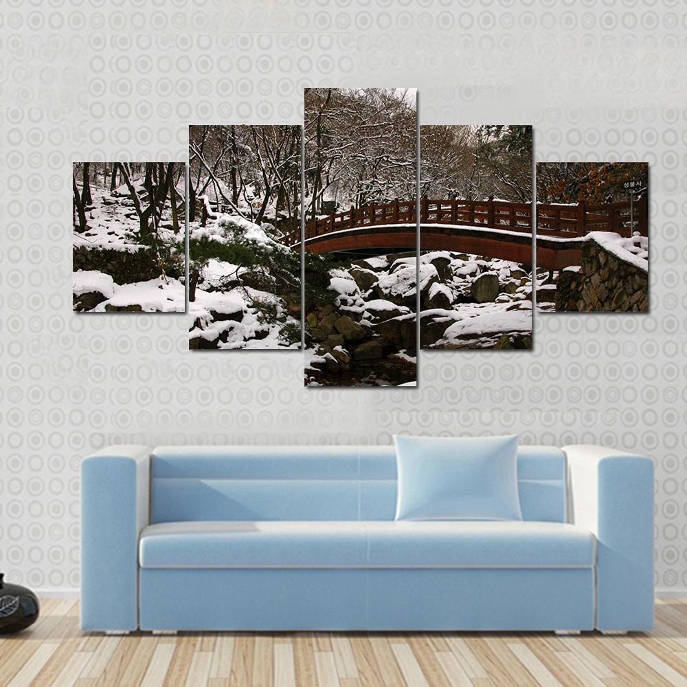 Korean Bridge In Winter Canvas Wall Art-5 Star-Gallery Wrap-62" x 32"-Tiaracle