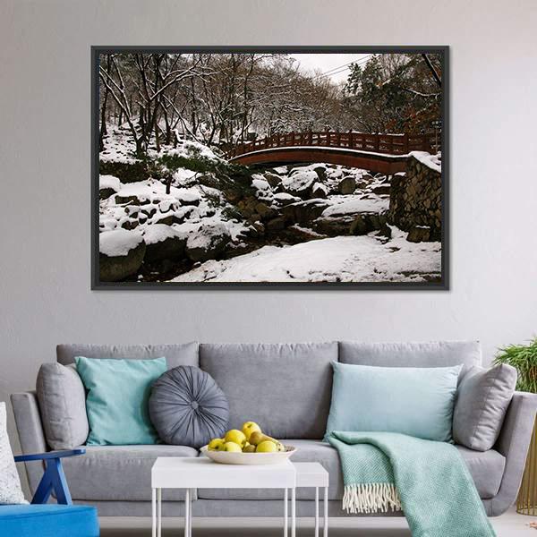 Korean Bridge In Winter Canvas Wall Art-1 Piece-Floating Frame-24" x 16"-Tiaracle