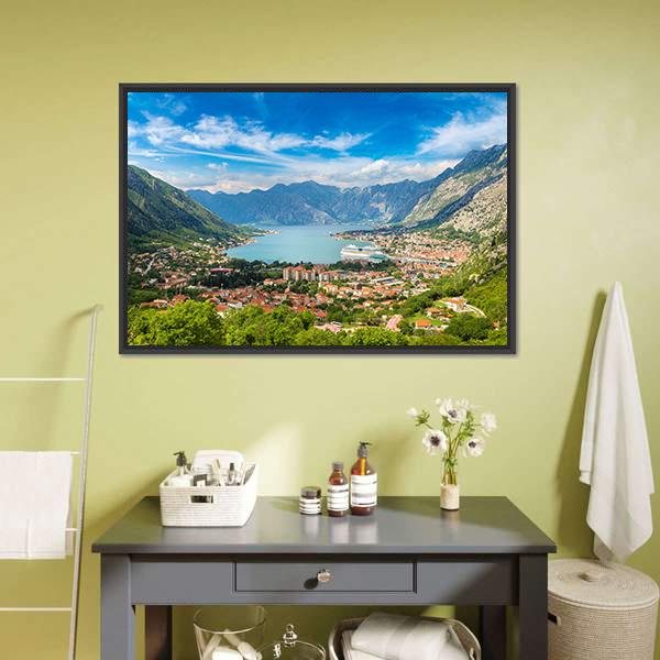Kotor Bay View, Montenegro Canvas Wall Art in green and blue, framed canvas, product view on a white background