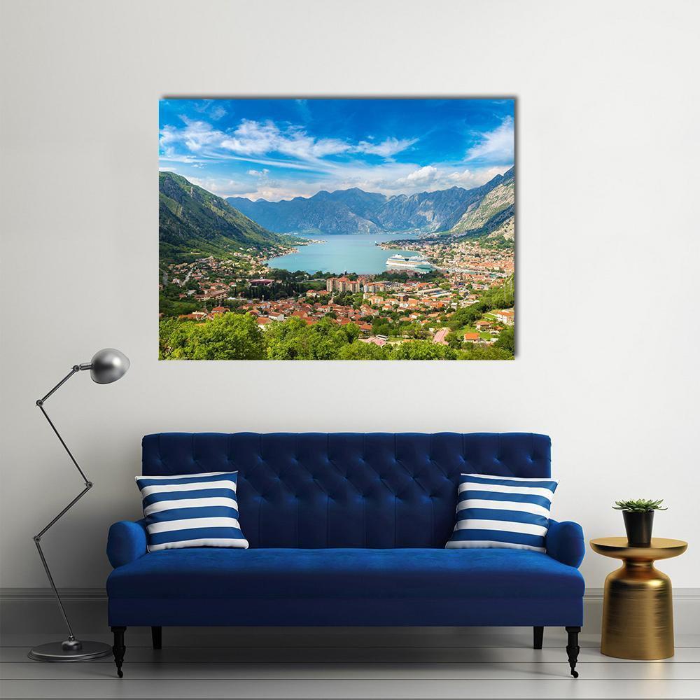 Kotor Bay View, Montenegro Canvas Wall Art in green and blue, single panel hung on a wall