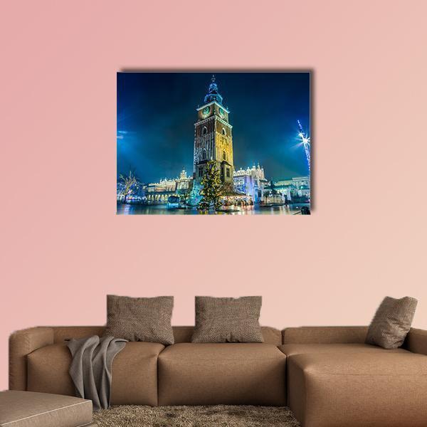 Krakow Old City Christmas Night Canvas Wall Art in gold, yellow and blue, single panel hung on a wall